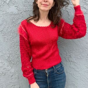 Vintage Red Crochet Sweater Handmade 80s scoop neck Valentines Day